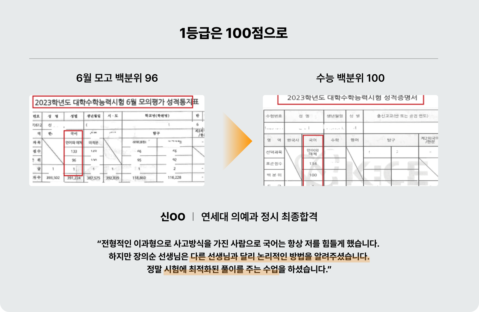 1등급은 100점으로 - 성적 향상 증명